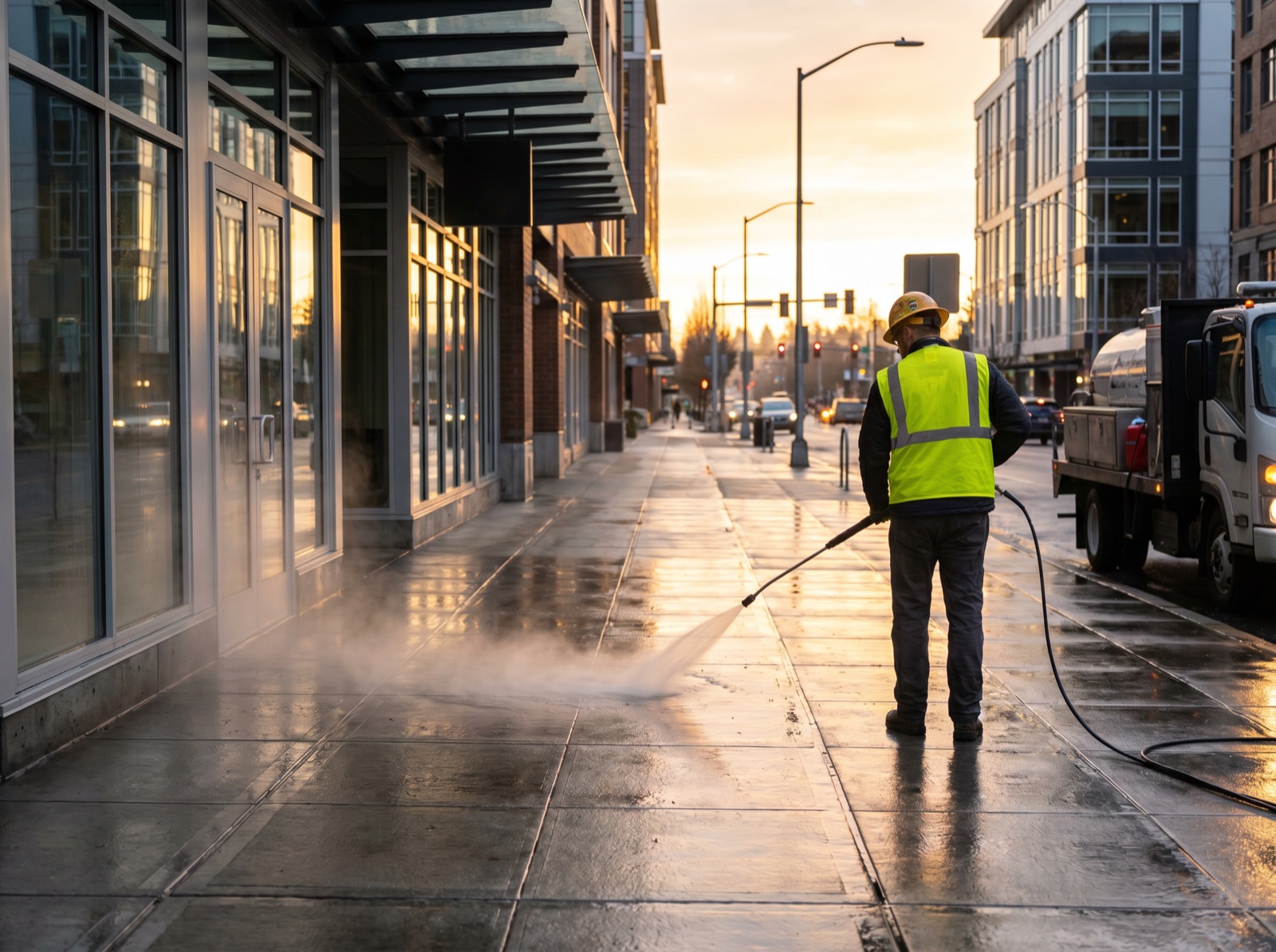 Worker pressure washing a commercial storefront sidewalk at dawn
