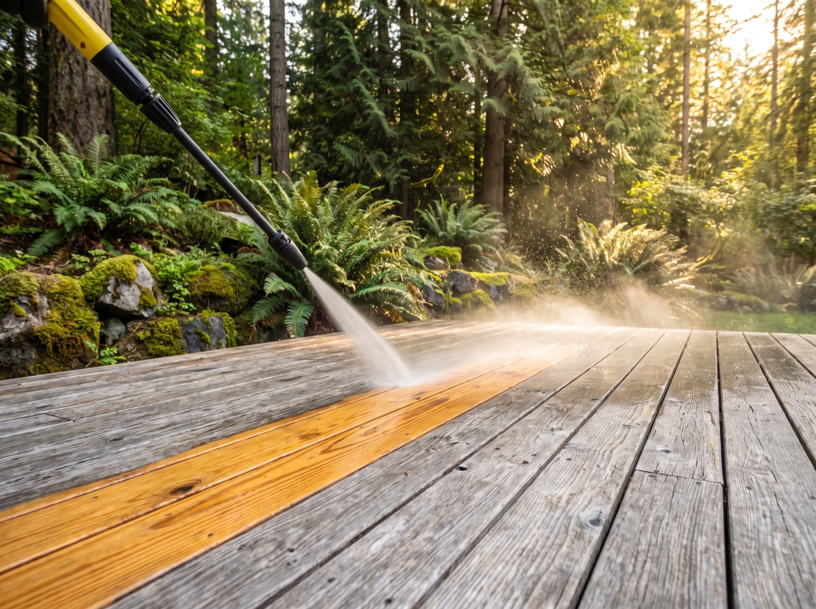 Pressure washer restoring warm wood grain on a weathered gray cedar deck