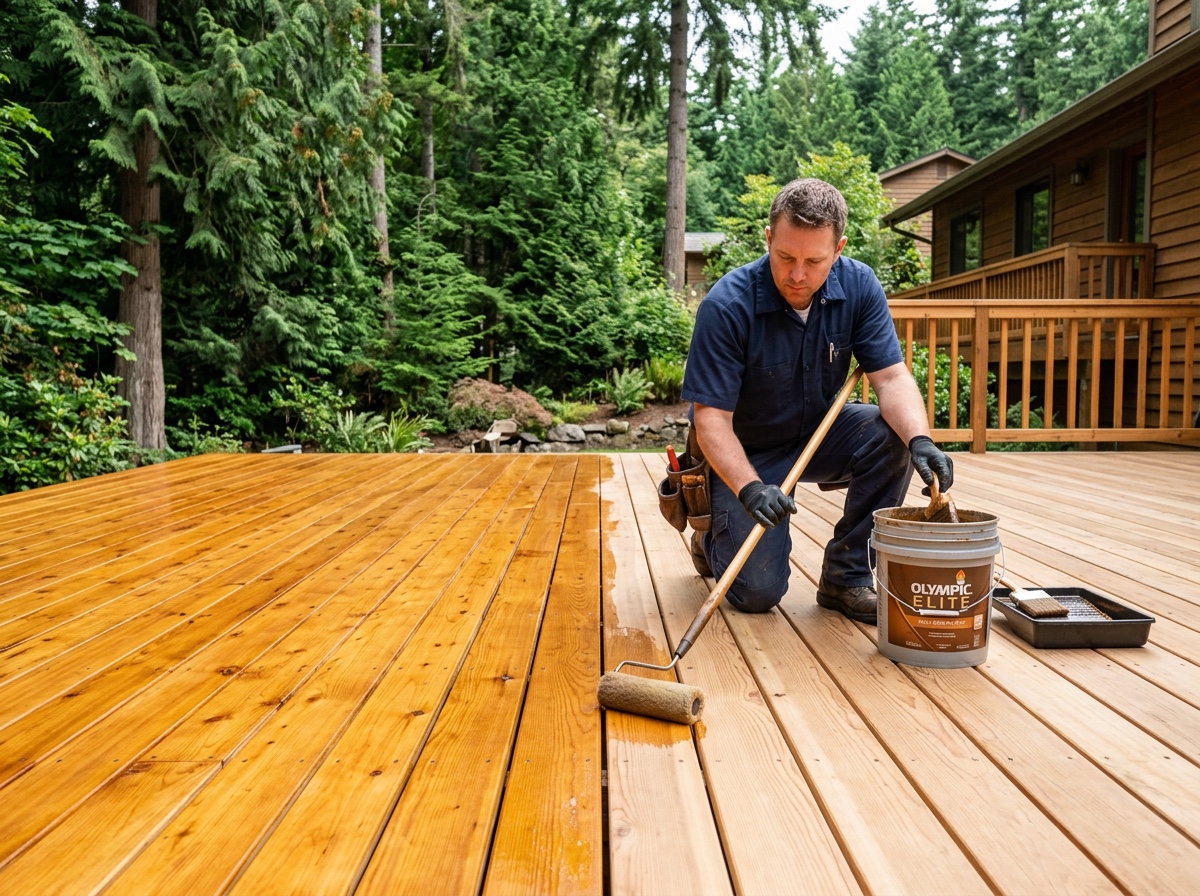 Freshly stained cedar deck in Seattle