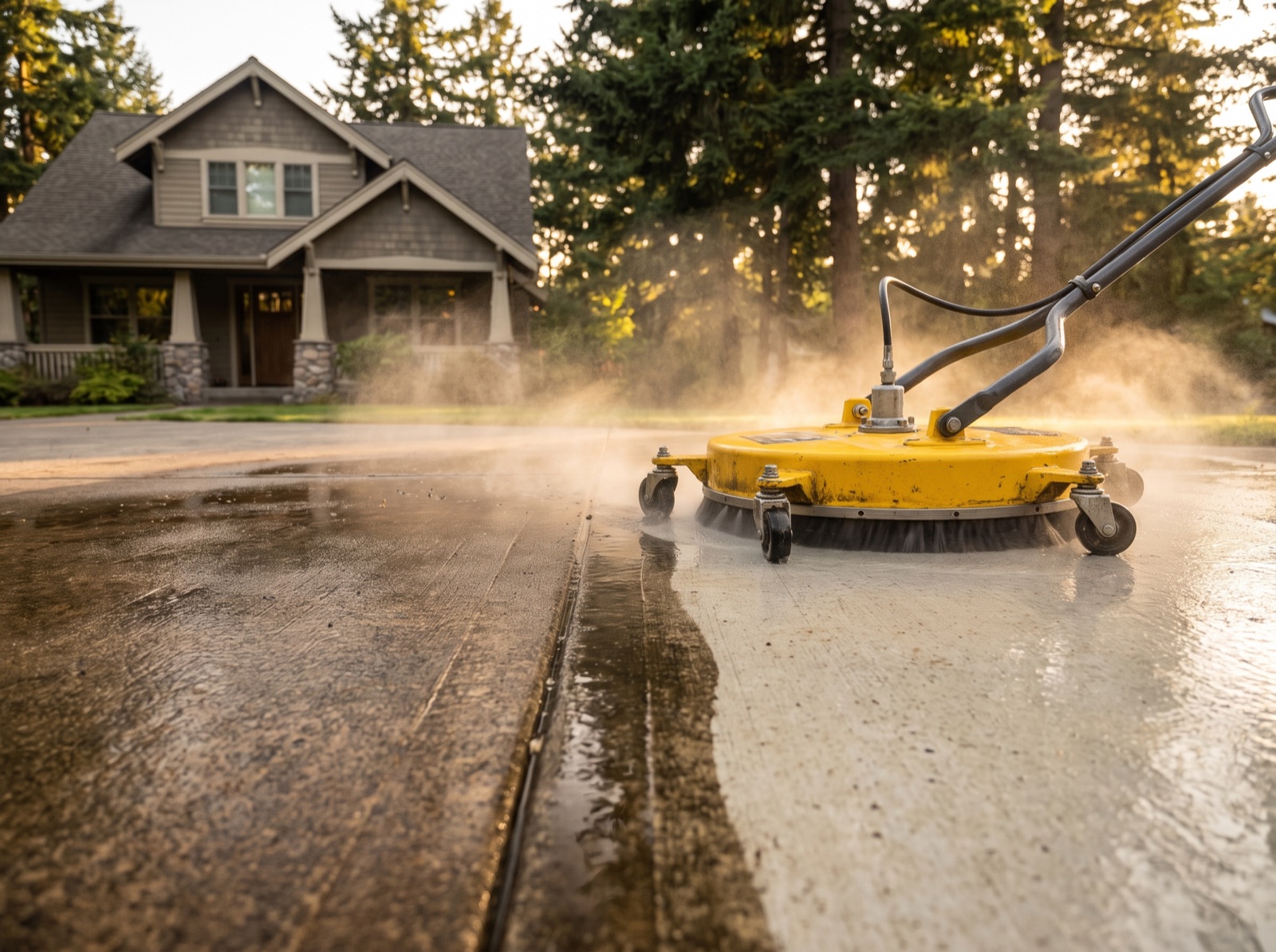 Surface cleaner cutting a bright clean path across a dark concrete driveway