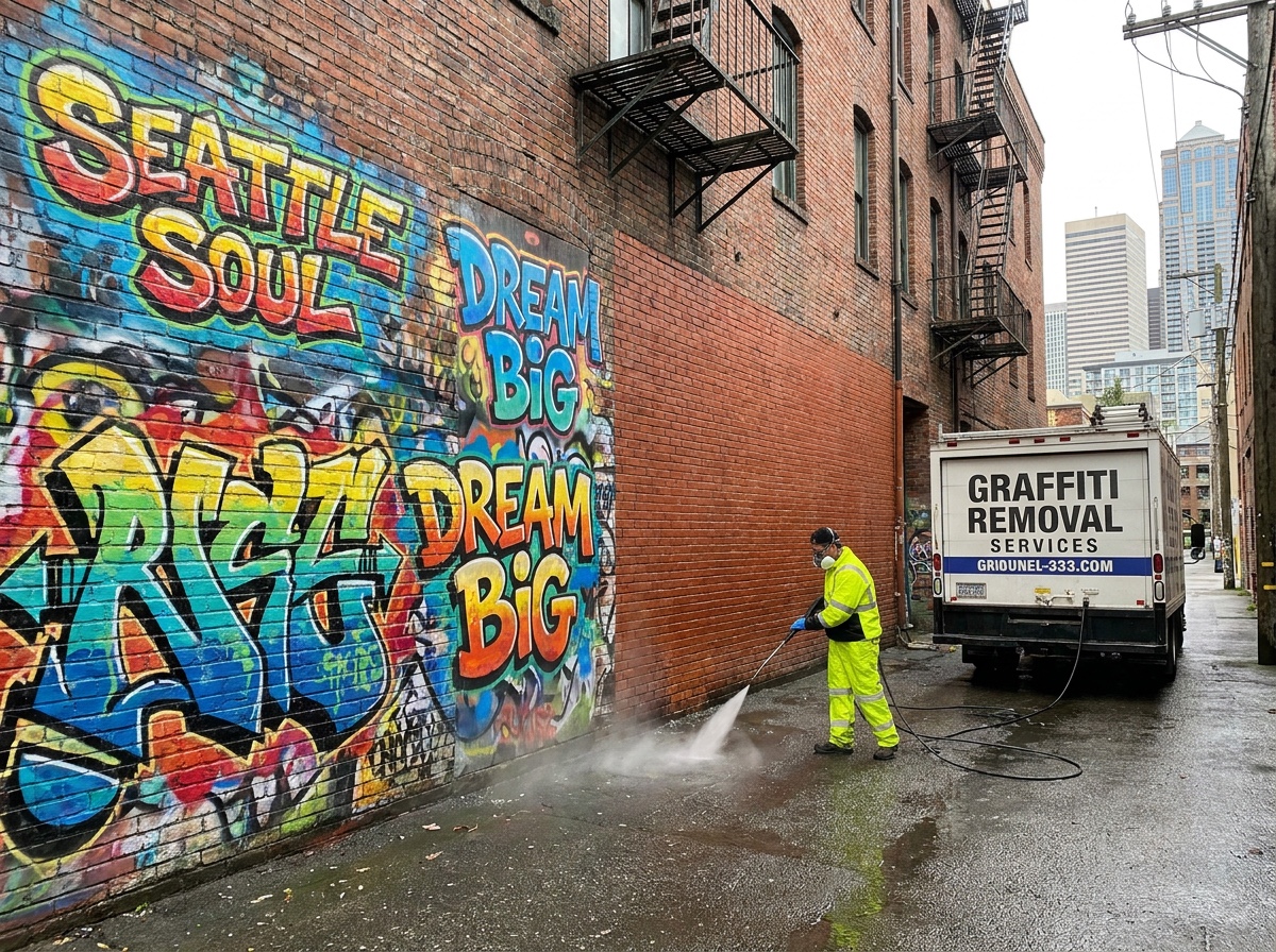 Graffiti being removed from a brick wall in Seattle