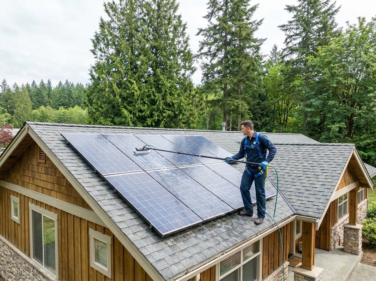 Technician cleaning rooftop solar panels in Seattle